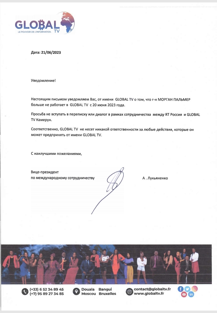 Le personnel de GLOBAL TV, ses partenaires et le public sont informés que M.MORGAN Palmer ne fait plus partie du projet GLOBAL TV depuis ce 20 Juin 2023