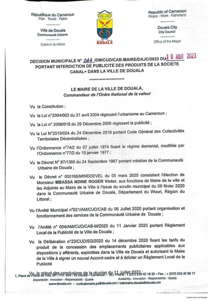 Cameroun : le Maire de Douala interdit la publicité des produits Canal+