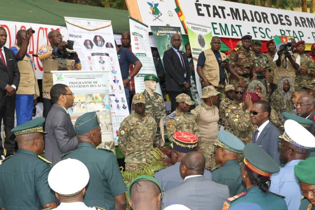 Entre les visiteurs déguisés dans les costumes des forces armées, ceux qui s’exercent au port des armes, le ministre de la Défense a fait corps avec la foule afin de procéder à la reconnaissance des différents corps de l’armée, présent sur le site du Mindef à Promote.